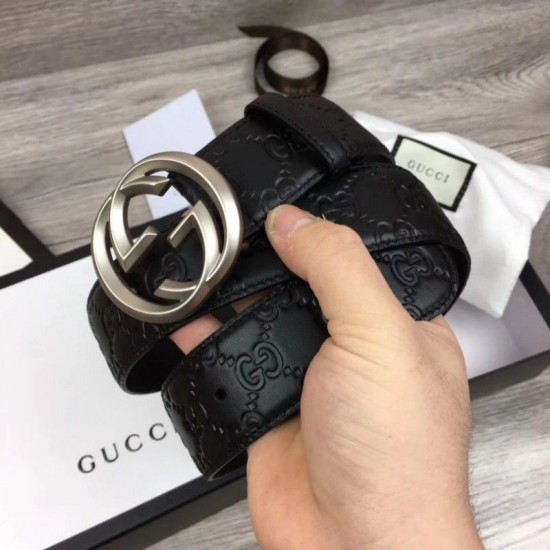 Replica Gucci Signature Men Belt With G Buckle Black 411924 Silver Hardware
