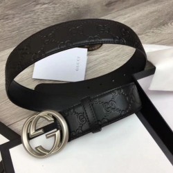 Replica Gucci Signature Men Belt With G Buckle Black 411924 Silver Hardware