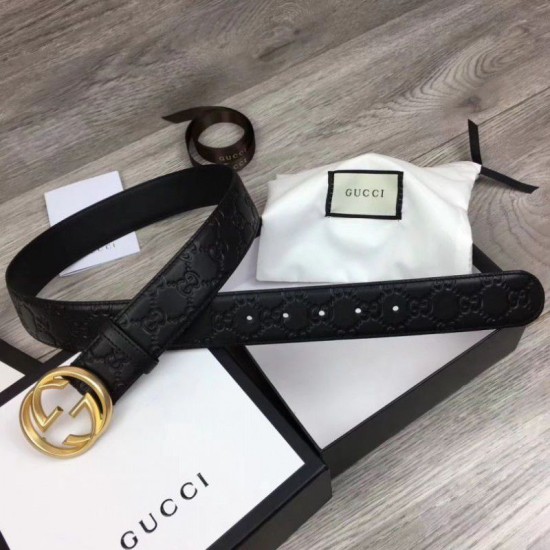 Fake Gucci Signature Men Belt With G Buckle Black 411924 Gold Hardware Replica