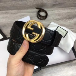Fake Gucci Signature Men Belt With G Buckle Black 411924 Gold Hardware Replica