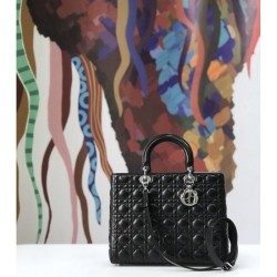 Fake Christian Dior Large Lady Dior Supple Tote Bag M0584 Black Silver Replica