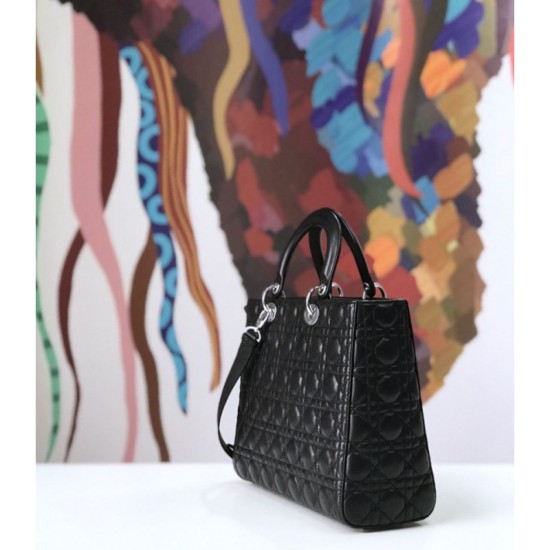 Fake Christian Dior Large Lady Dior Supple Tote Bag M0584 Black Silver Replica