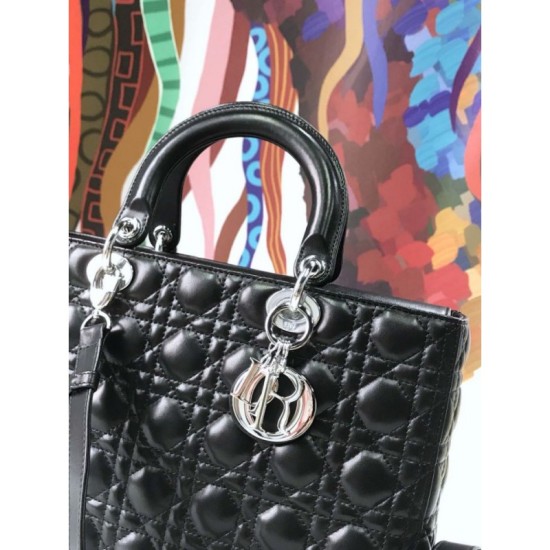 Fake Christian Dior Large Lady Dior Supple Tote Bag M0584 Black Silver Replica