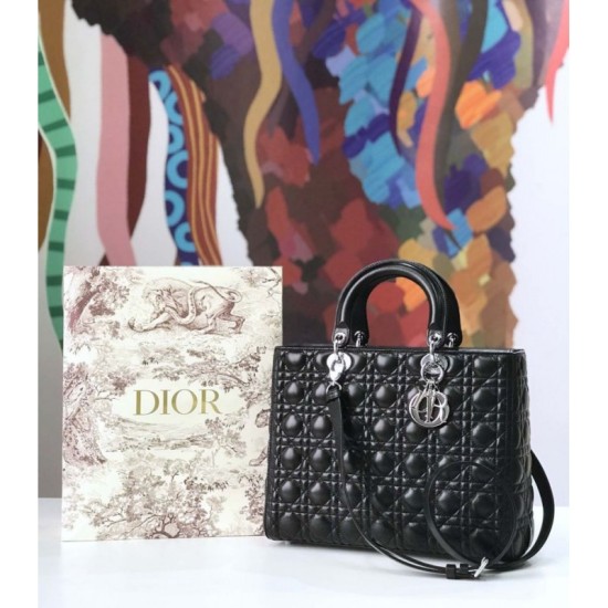 Fake Christian Dior Large Lady Dior Supple Tote Bag M0584 Black Silver Replica