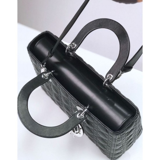 Fake Christian Dior Large Lady Dior Supple Tote Bag M0584 Black Silver Replica