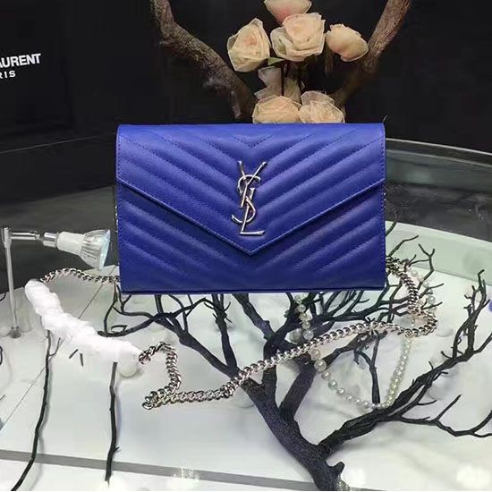 Replica Saint Laurent Blue Grained Matelasse Leather Chain Wallet Y221220