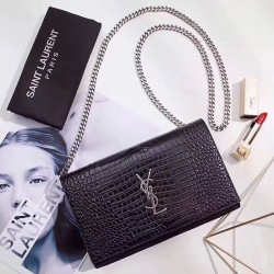 Replica Saint Laurent Chain Wallet in Black Crocodile Embossed Leather 377829