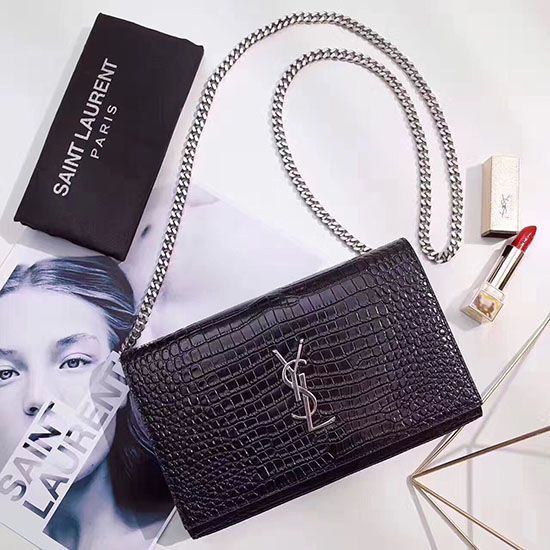 Replica Saint Laurent Chain Wallet in Black Crocodile Embossed Leather 377829