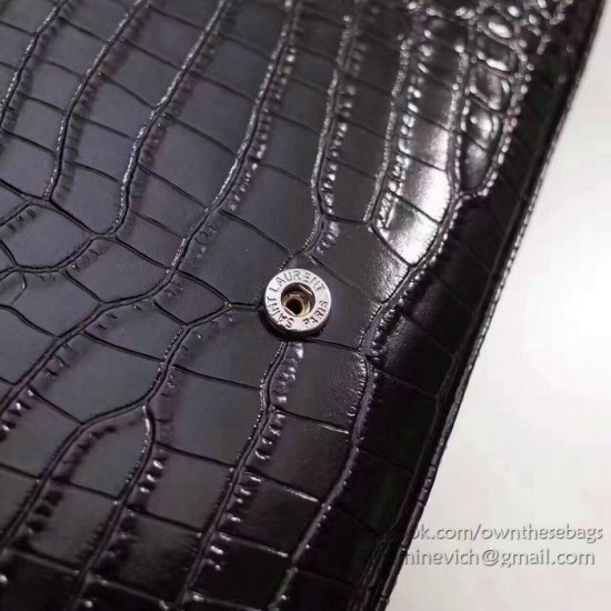 Replica Saint Laurent Chain Wallet in Black Crocodile Embossed Leather 377829