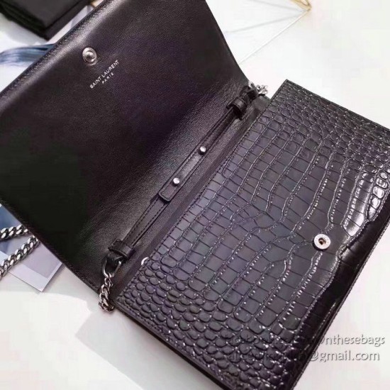 Replica Saint Laurent Chain Wallet in Black Crocodile Embossed Leather 377829