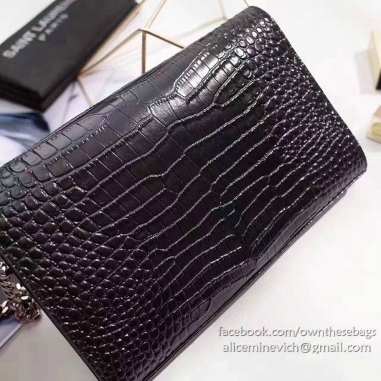Replica Saint Laurent Chain Wallet in Black Crocodile Embossed Leather 377829