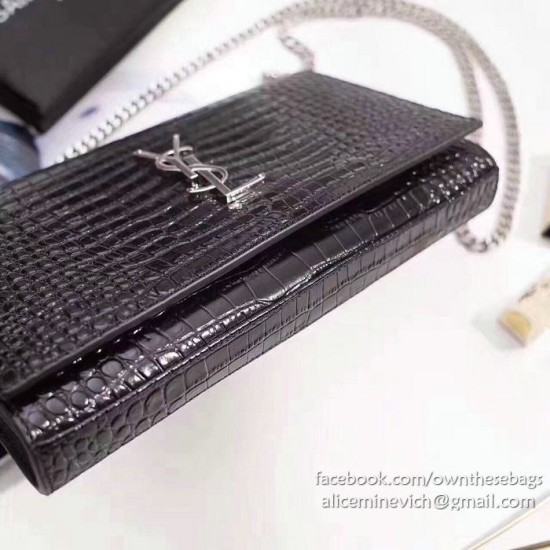 Replica Saint Laurent Chain Wallet in Black Crocodile Embossed Leather 377829