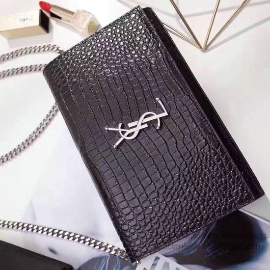 Replica Saint Laurent Chain Wallet in Black Crocodile Embossed Leather 377829