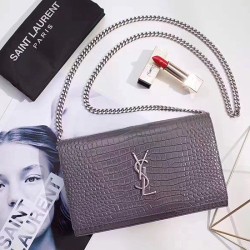 Replica Saint Laurent Chain Wallet in Grey Crocodile Embossed Leather 377829