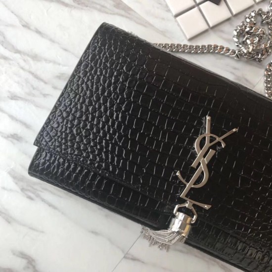 Fake YSL Saint Laurent Medium Kate Monogram Tassel Croco Leather Shoulder Bag Black Silver Replica Replica YSL Saint Laurent Medium Kate Monogram Tassel Croco Leather Shoulder Bag Black Silver