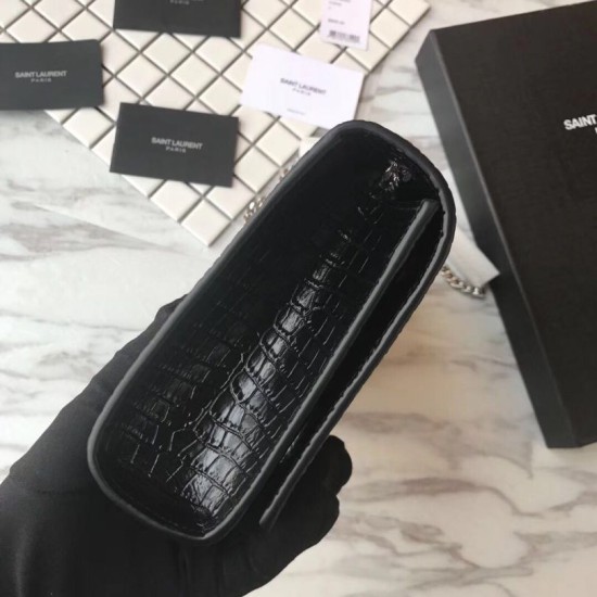 Fake YSL Saint Laurent Medium Kate Monogram Tassel Croco Leather Shoulder Bag Black Silver Replica Replica YSL Saint Laurent Medium Kate Monogram Tassel Croco Leather Shoulder Bag Black Silver