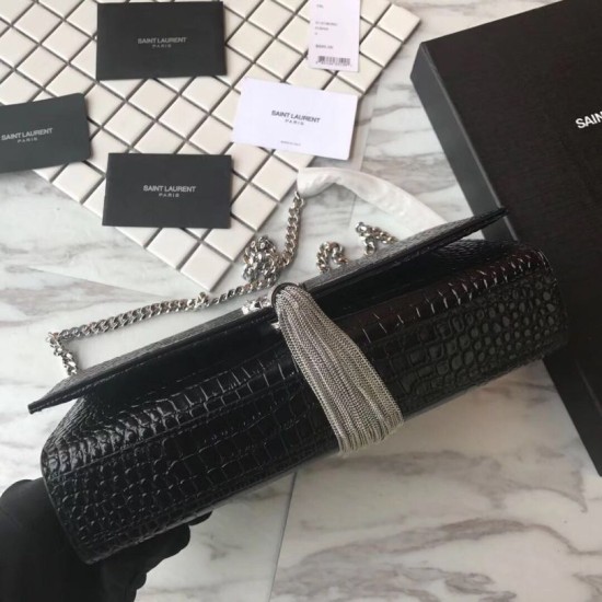 Fake YSL Saint Laurent Medium Kate Monogram Tassel Croco Leather Shoulder Bag Black Silver Replica Replica YSL Saint Laurent Medium Kate Monogram Tassel Croco Leather Shoulder Bag Black Silver