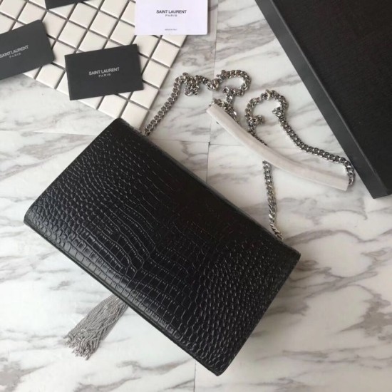 Fake YSL Saint Laurent Medium Kate Monogram Tassel Croco Leather Shoulder Bag Black Silver Replica Replica YSL Saint Laurent Medium Kate Monogram Tassel Croco Leather Shoulder Bag Black Silver