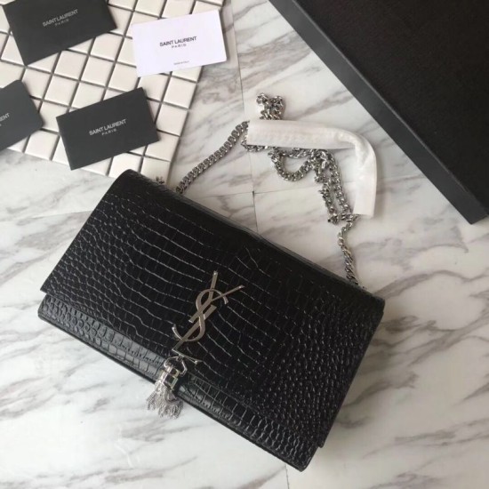 Fake YSL Saint Laurent Medium Kate Monogram Tassel Croco Leather Shoulder Bag Black Silver Replica Replica YSL Saint Laurent Medium Kate Monogram Tassel Croco Leather Shoulder Bag Black Silver
