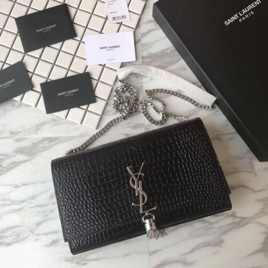 Fake YSL Saint Laurent Medium Kate Monogram Tassel Croco Leather Shoulder Bag Black Silver Replica Replica YSL Saint Laurent Medium Kate Monogram Tassel Croco Leather Shoulder Bag Black Silver