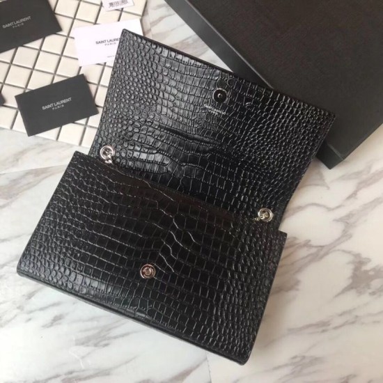 Fake YSL Saint Laurent Medium Kate Monogram Tassel Croco Leather Shoulder Bag Black Silver Replica Replica YSL Saint Laurent Medium Kate Monogram Tassel Croco Leather Shoulder Bag Black Silver