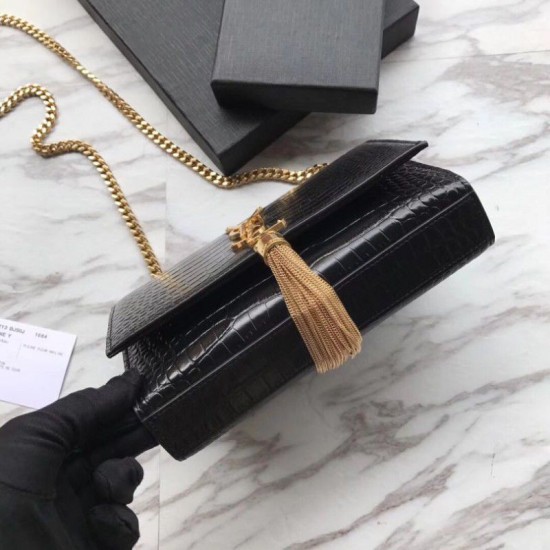 Fake YSL Saint Laurent Mini Kate Chain Wallet Crocodile Embossed Leather Black Gold Hardware Replica Replica YSL Saint Laurent Mini Kate Chain Wallet Crocodile Embossed Leather Black Gold Hardware