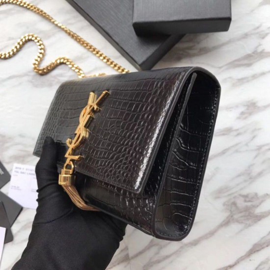 Fake YSL Saint Laurent Mini Kate Chain Wallet Crocodile Embossed Leather Black Gold Hardware Replica Replica YSL Saint Laurent Mini Kate Chain Wallet Crocodile Embossed Leather Black Gold Hardware