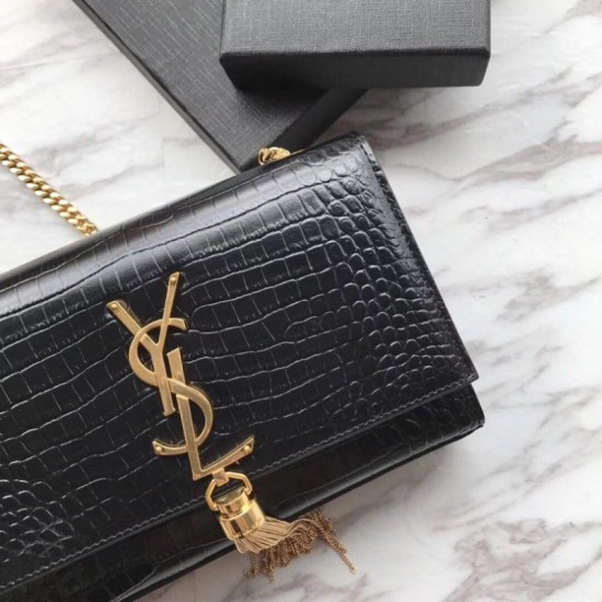 Fake YSL Saint Laurent Mini Kate Chain Wallet Crocodile Embossed Leather Black Gold Hardware Replica Replica YSL Saint Laurent Mini Kate Chain Wallet Crocodile Embossed Leather Black Gold Hardware