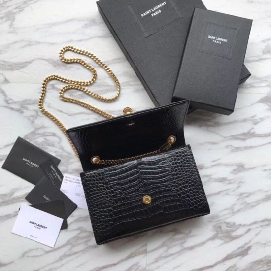 Fake YSL Saint Laurent Mini Kate Chain Wallet Crocodile Embossed Leather Black Gold Hardware Replica Replica YSL Saint Laurent Mini Kate Chain Wallet Crocodile Embossed Leather Black Gold Hardware