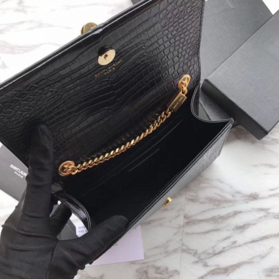Fake YSL Saint Laurent Mini Kate Chain Wallet Crocodile Embossed Leather Black Gold Hardware Replica Replica YSL Saint Laurent Mini Kate Chain Wallet Crocodile Embossed Leather Black Gold Hardware