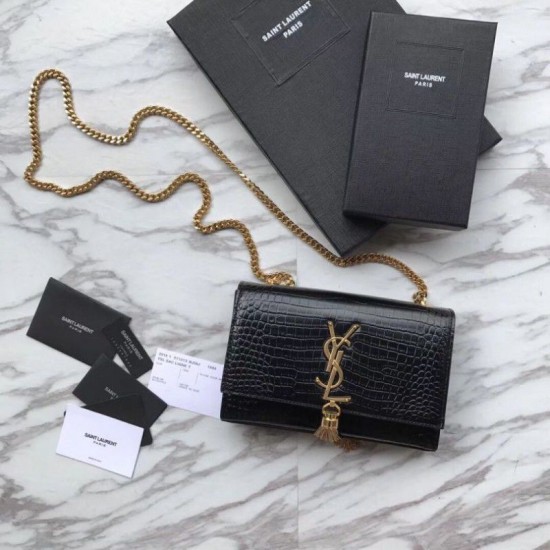 Fake YSL Saint Laurent Mini Kate Chain Wallet Crocodile Embossed Leather Black Gold Hardware Replica Replica YSL Saint Laurent Mini Kate Chain Wallet Crocodile Embossed Leather Black Gold Hardware