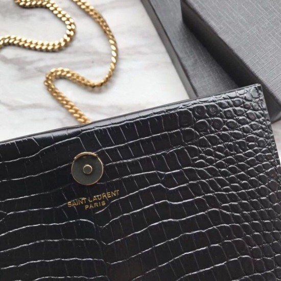 Fake YSL Saint Laurent Mini Kate Chain Wallet Crocodile Embossed Leather Black Gold Hardware Replica Replica YSL Saint Laurent Mini Kate Chain Wallet Crocodile Embossed Leather Black Gold Hardware