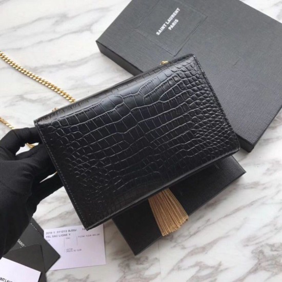 Fake YSL Saint Laurent Mini Kate Chain Wallet Crocodile Embossed Leather Black Gold Hardware Replica Replica YSL Saint Laurent Mini Kate Chain Wallet Crocodile Embossed Leather Black Gold Hardware