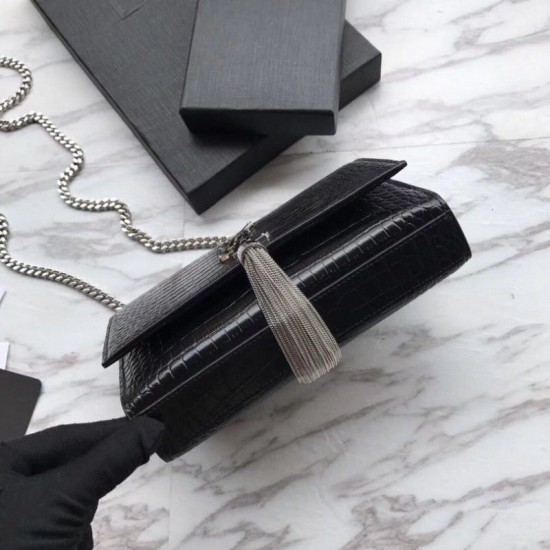 Fake YSL Saint Laurent Mini Kate Chain Wallet Crocodile Embossed Leather Black Silver Hardware Replica Replica YSL Saint Laurent Mini Kate Chain Wallet Crocodile Embossed Leather Black Silver Hardware