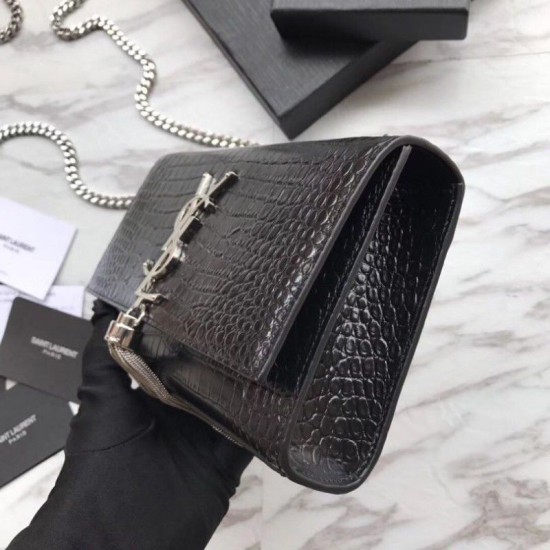 Fake YSL Saint Laurent Mini Kate Chain Wallet Crocodile Embossed Leather Black Silver Hardware Replica Replica YSL Saint Laurent Mini Kate Chain Wallet Crocodile Embossed Leather Black Silver Hardware