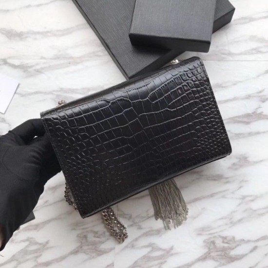 Fake YSL Saint Laurent Mini Kate Chain Wallet Crocodile Embossed Leather Black Silver Hardware Replica Replica YSL Saint Laurent Mini Kate Chain Wallet Crocodile Embossed Leather Black Silver Hardware