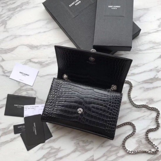 Fake YSL Saint Laurent Mini Kate Chain Wallet Crocodile Embossed Leather Black Silver Hardware Replica Replica YSL Saint Laurent Mini Kate Chain Wallet Crocodile Embossed Leather Black Silver Hardware