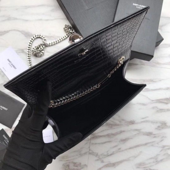 Fake YSL Saint Laurent Mini Kate Chain Wallet Crocodile Embossed Leather Black Silver Hardware Replica Replica YSL Saint Laurent Mini Kate Chain Wallet Crocodile Embossed Leather Black Silver Hardware