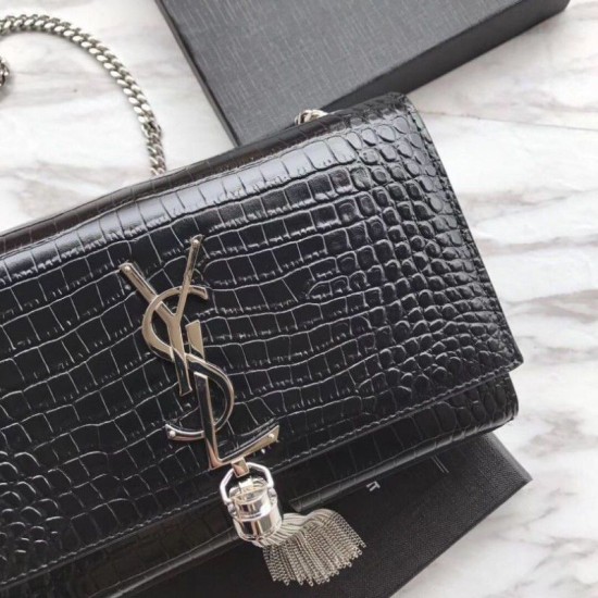 Fake YSL Saint Laurent Mini Kate Chain Wallet Crocodile Embossed Leather Black Silver Hardware Replica Replica YSL Saint Laurent Mini Kate Chain Wallet Crocodile Embossed Leather Black Silver Hardware