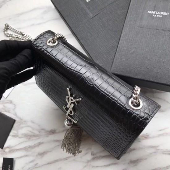 Fake YSL Saint Laurent Mini Kate Chain Wallet Crocodile Embossed Leather Black Silver Hardware Replica Replica YSL Saint Laurent Mini Kate Chain Wallet Crocodile Embossed Leather Black Silver Hardware