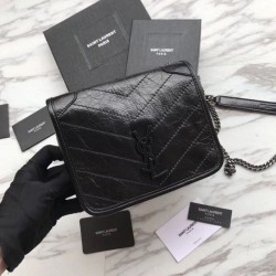 Replica YSL Saint Laurent Niki Chain Wallet Crinkled Vintage Leather Black
