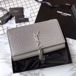 Replica YSL Saint Laurent Medium Kate Monogram Tassel Croco Leather Shoulder Bag Gray