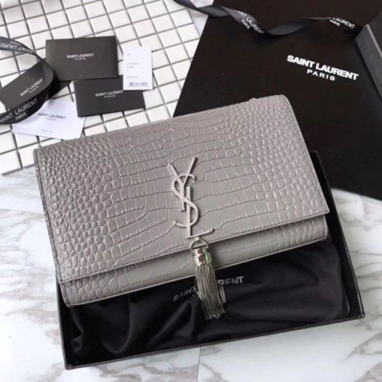 Replica YSL Saint Laurent Medium Kate Monogram Tassel Croco Leather Shoulder Bag Gray Replica YSL Saint Laurent Medium Kate Monogram Tassel Croco Leather Shoulder Bag Gray