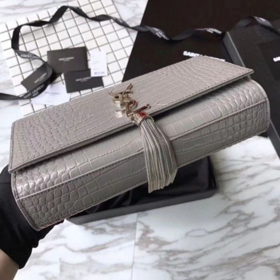 Replica YSL Saint Laurent Medium Kate Monogram Tassel Croco Leather Shoulder Bag Gray Replica YSL Saint Laurent Medium Kate Monogram Tassel Croco Leather Shoulder Bag Gray
