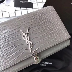 Replica YSL Saint Laurent Medium Kate Monogram Tassel Croco Leather Shoulder Bag Gray