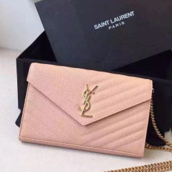 Replica Saint Laurent Chain Wallet In Beige Grain Leather