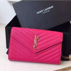 Replica Saint Laurent Chain Wallet In Rose Red Grain Leather