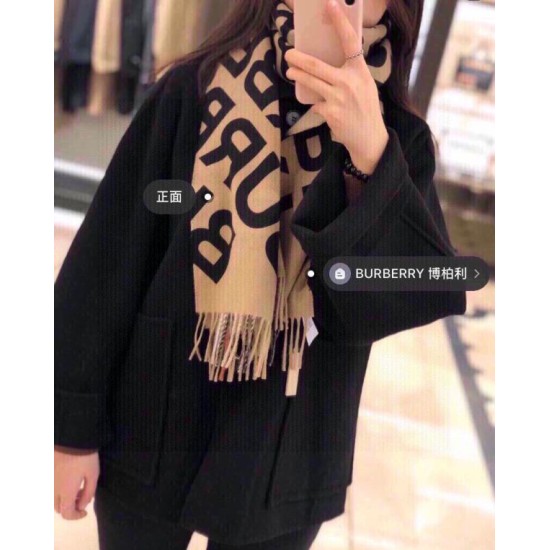Replica Burberry Double-sided Letter Logo Check Cashmere Wool Shawl 30 x 180 Brown