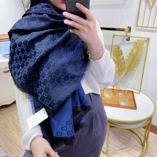 Replica Gucci Wool GG jacquard Double-sided square Scarf Blue