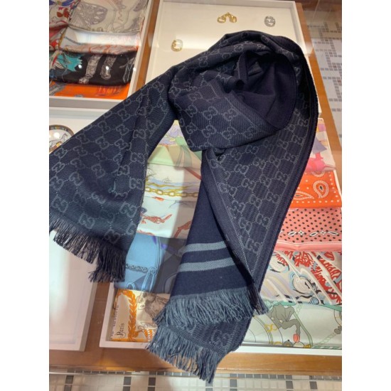 Replica Gucci classic double-faced cashmere men scarf Dark Blue